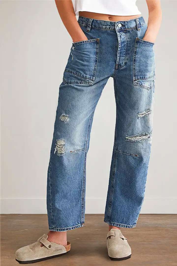 Dame brede jeans med kreative lommer og slidte detaljer Skovae