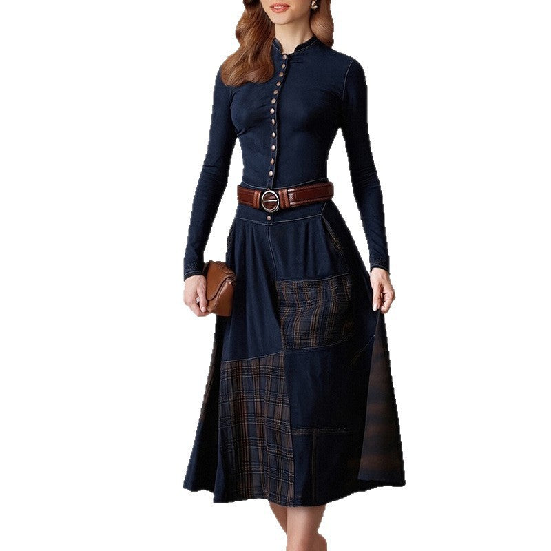 Damer Elegant Midi Kjole med Knap-åbning og Kontrast Detaljer Stilla