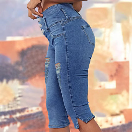 Dame Capri Jeans med højtaljet snit og modige riveskader Stilla