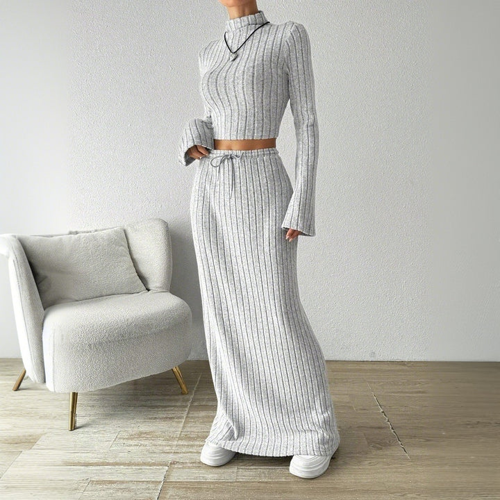 Kvinder Langærmet Crop Top og Maxi Skirt Sæt med Elegant Rib Struktur Stilla