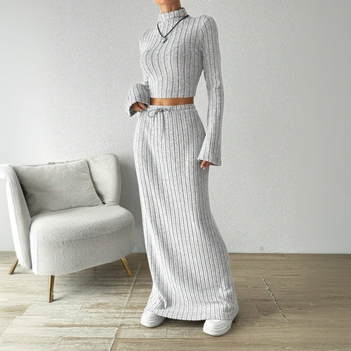 Kvinder Langærmet Crop Top og Maxi Skirt Sæt med Elegant Rib Struktur Stilla