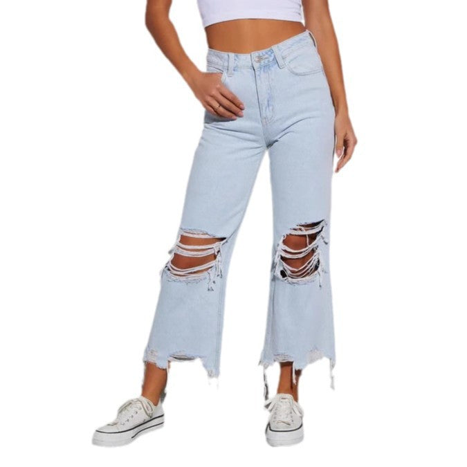Dame Ripped Wide-Leg Jeans med frynset kant Stilla