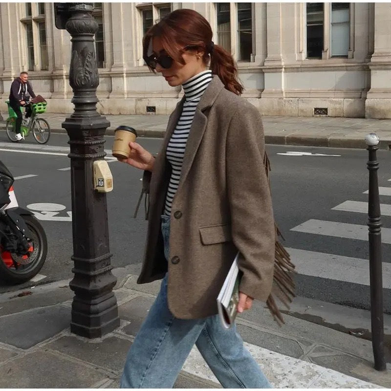 Femme Struktureret Blazer-Jakke med Fransen-Detaljer Stilla