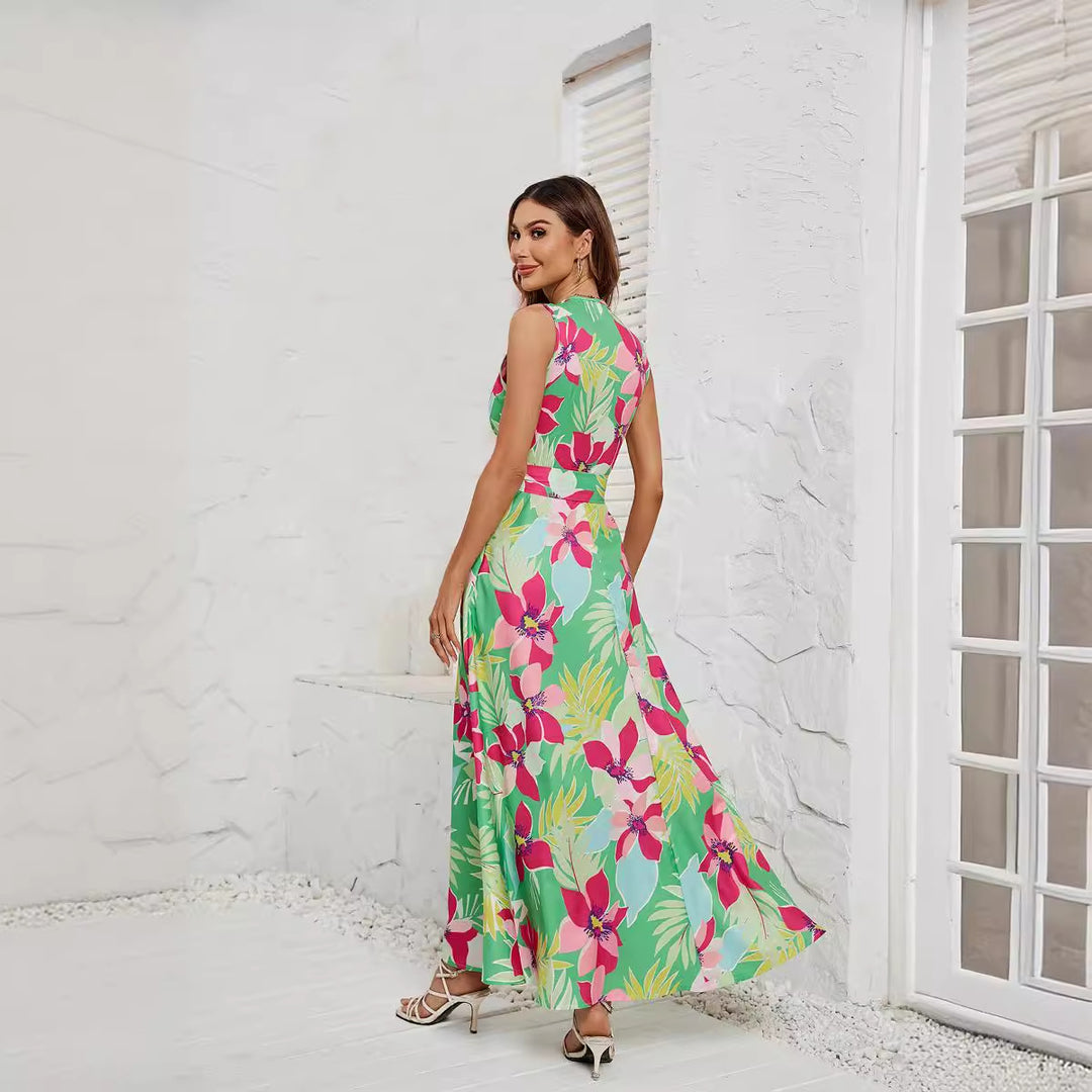 Dame Maxikjole med florale mønstre og elegant indsnøring Stilla