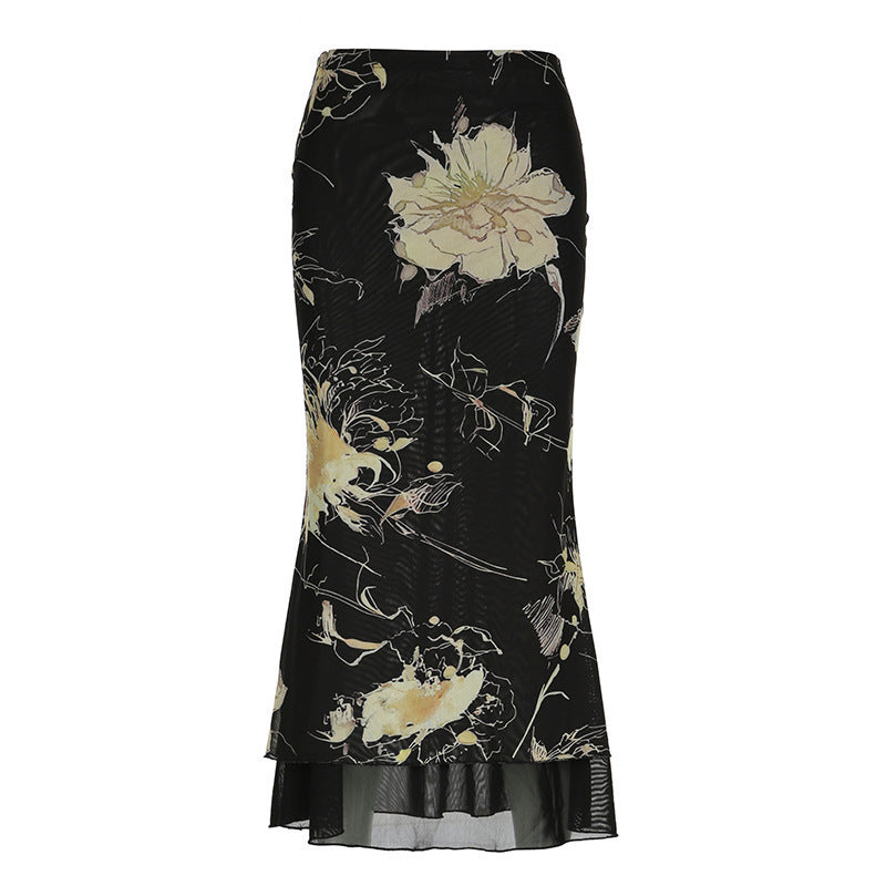 Dame Elegant Maxiskørt med blomsterprint og transparent baggrund Skovae