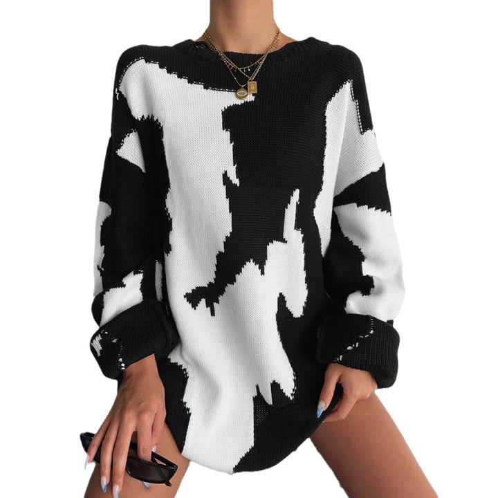 Kvindernes chunky strikkede oversized sweater med spændende grafisk design Stilla