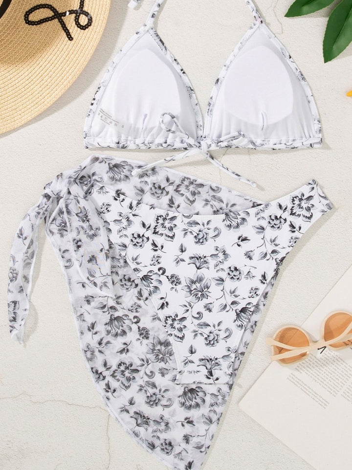 Dame Floral Print Tie-Side Bikini Sæt med gennemsigtigt Wrap-Top Stilla