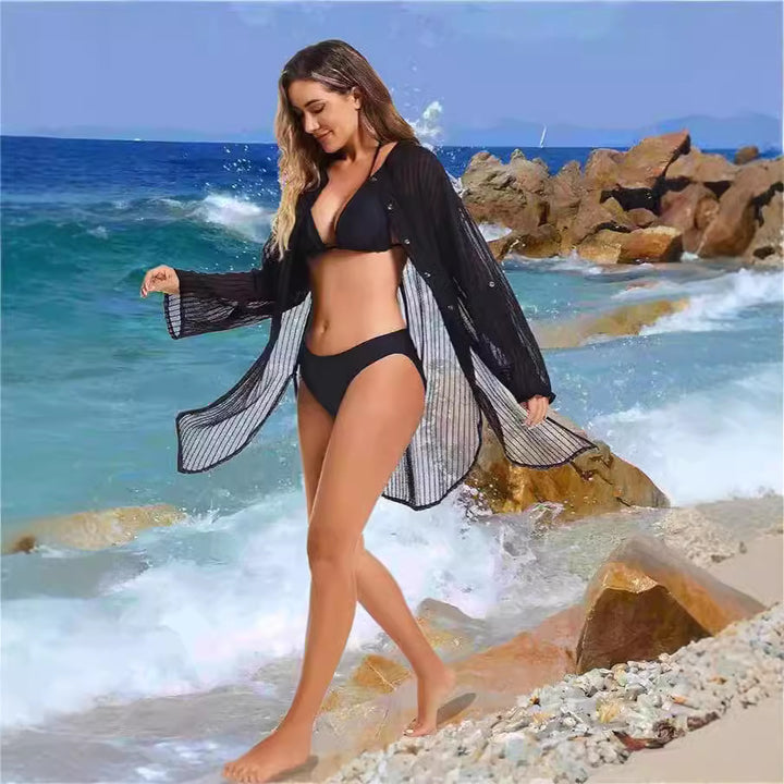Dame luftig strandkjole med transparente striber Stilla
