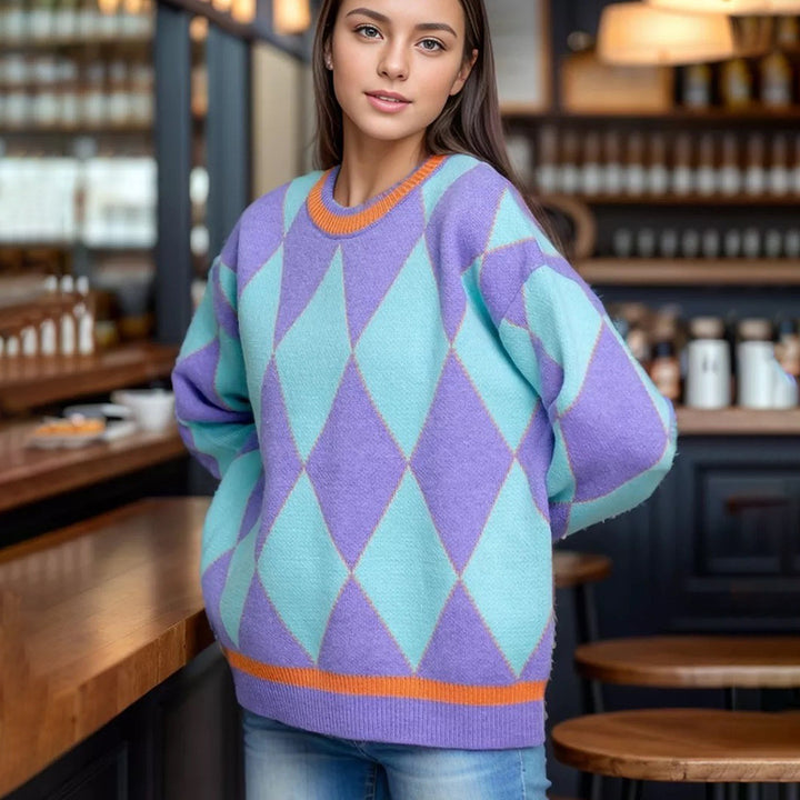 Kvinder Stort Sweater i Diamantmønster med Minimalistisk Pasform Stilla