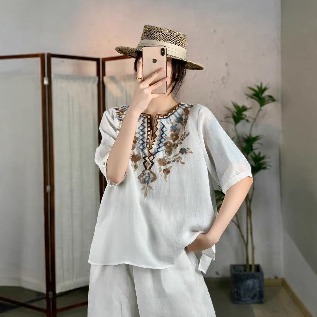 Femme Broderet Linned-Tunika-Overdel Stilla