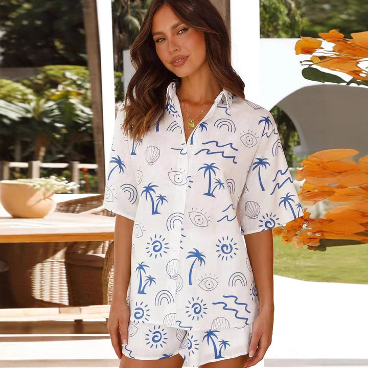 Dame Trendy Sommer Tryk Korte Ærmer Shirt Sæt Stilla