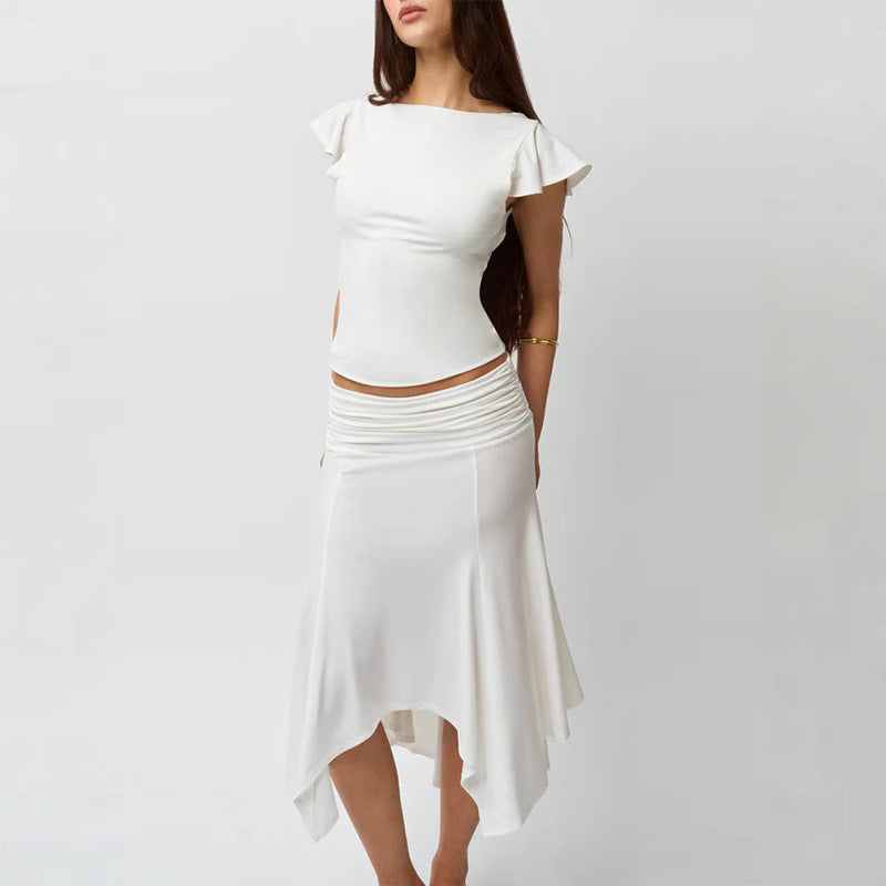 Dame Elegant top med flæsedetaljer og asymmetrisk nederdel Skovae