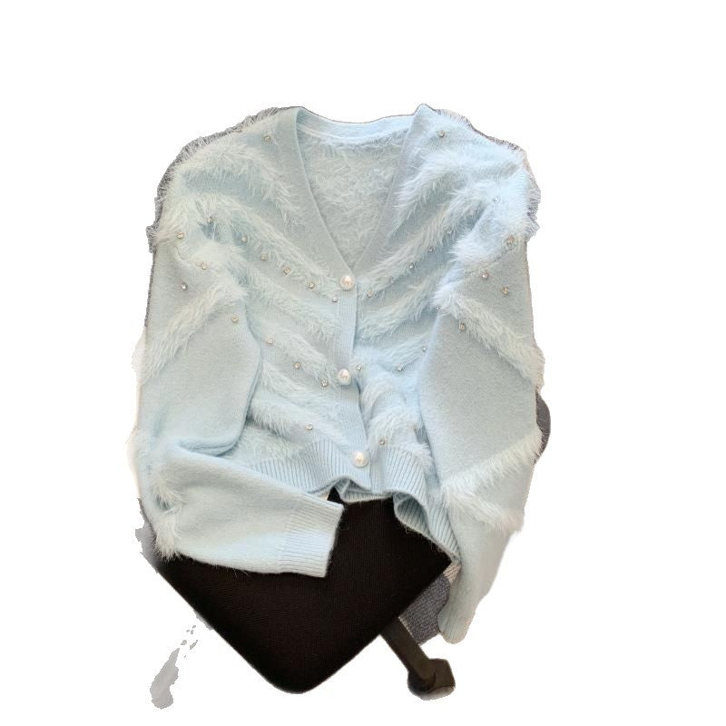Damer Fluffy Cardigan med Perler Stilla