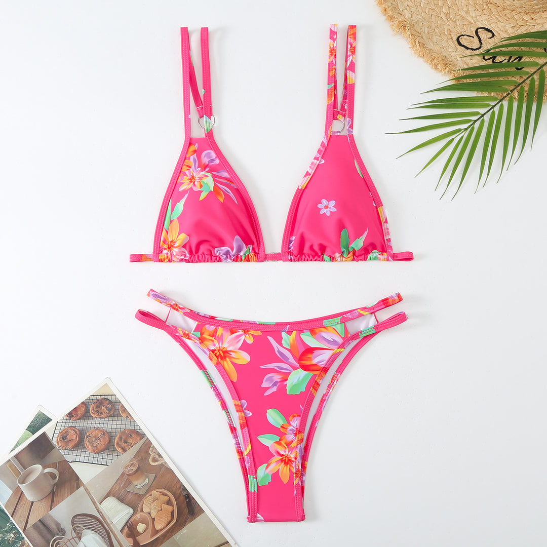 Dame Floral Print Triangle Bikini Sæt med justerbare stropper Stilla