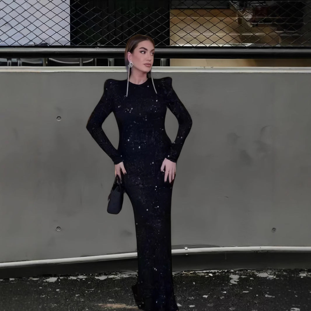 Dame Elegant Langærmet Aftenkjole med glitrende Pailletter og moderne Design Stilla