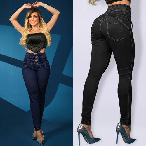 Dame High-Waist Jeans med snøring og tætsiddende snit Stilla