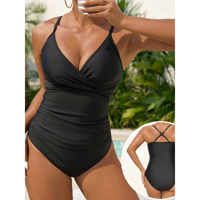 Dame elegant one-piece badedragt med moderne indpakningsdetalje og smart V-udskæring Skovae