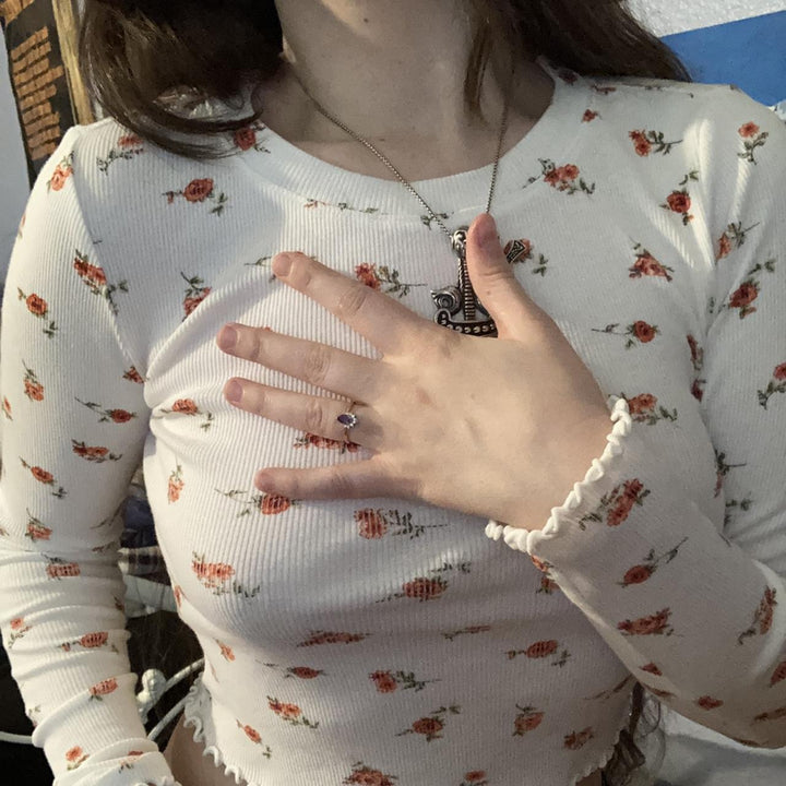 Dame cropped langærmet top med blomster rib design Skovae