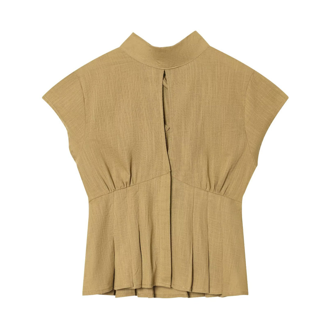 Dame bluse shirt med elegant stående krave og plisserede detaljer Skovae