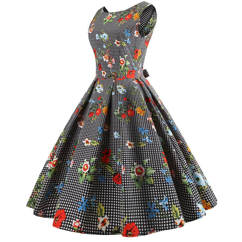 Kvinders Retro A-Linie Kjole med Blomstermotiver og Klassisk Ternet Design Stilla