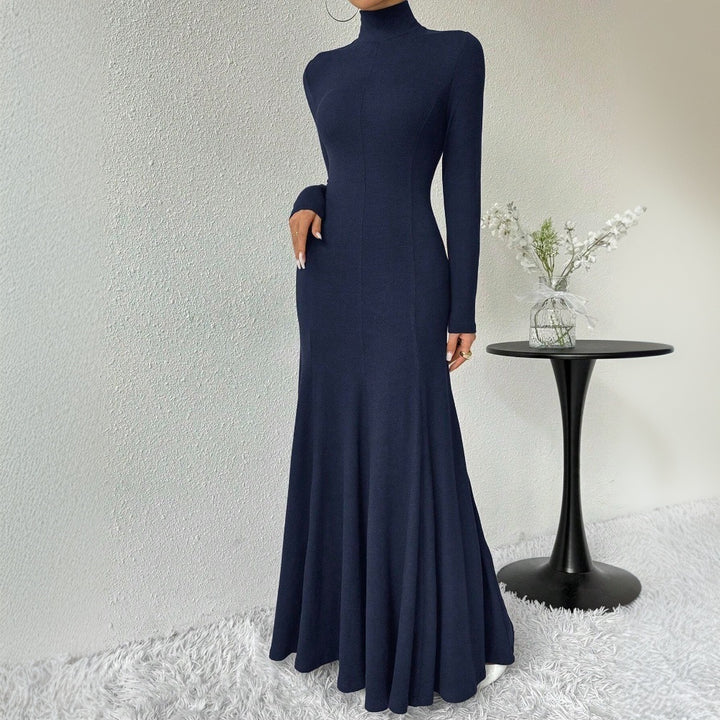 Dame elegant langærmet maxi kjole med høj krave og flagrende bund Stilla