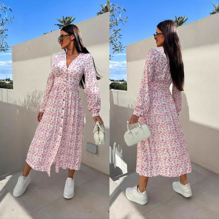 Dame Floral Print Maxikjole med Knaplån Stilla