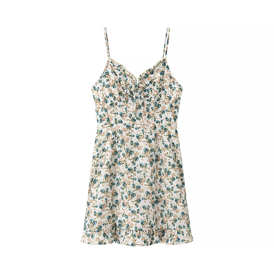 Dame Floral Mini Kjole med justerbare Spaghetti-stropper Stilla