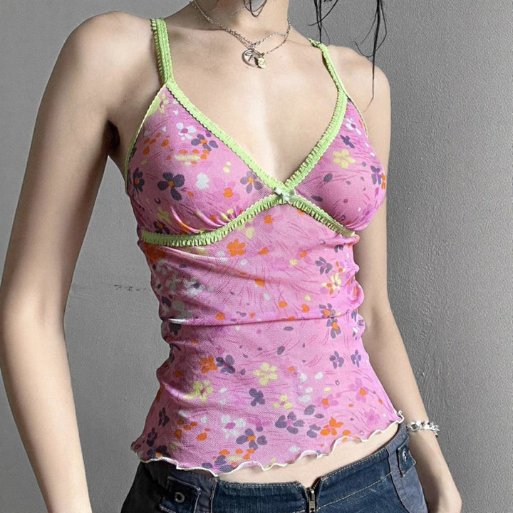 Damen gerafftes Spaghetti-Top mit floralem Muster und feinen Spitzenakzenten Skovae