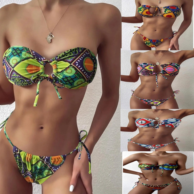 Dame Bandeau-Bikini med spændende mønstermix og justerbare stropper Skovae