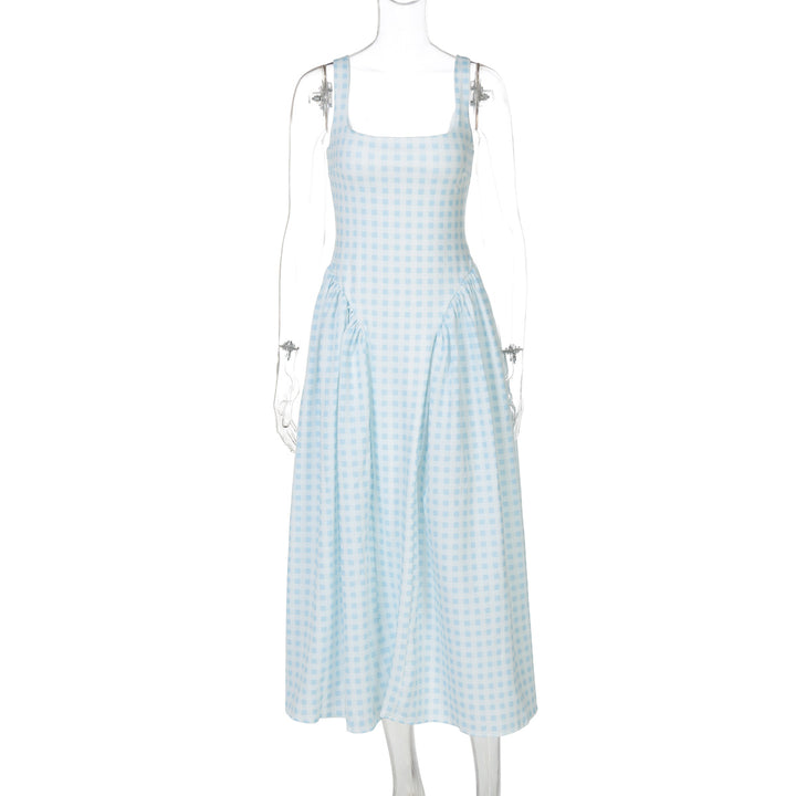 Dame sommerligt maxikjole med ternet design og sidelange draperingselementer Skovae