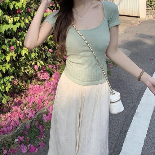 Femme Ribbet Kort Ærme Crop Top Stilla