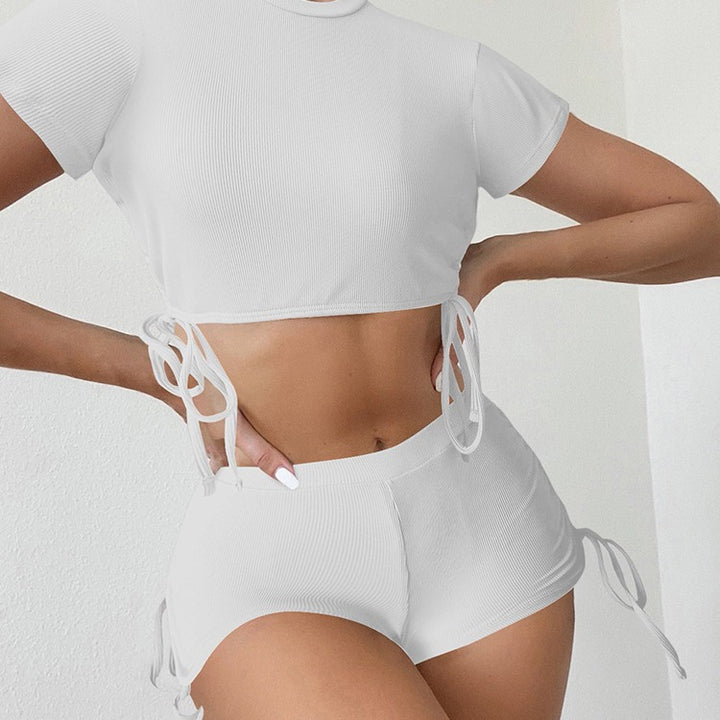 Dame Mode Ribbede Crop-Top og højhåndet Shorts-Sæt Stilla