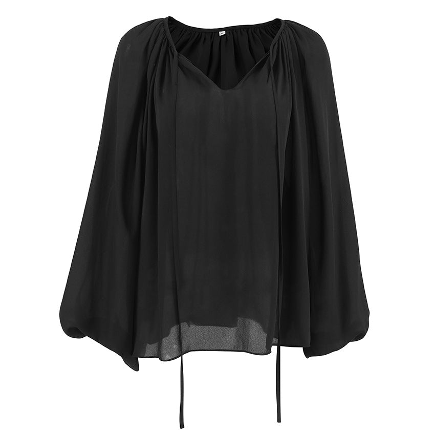 Dame elegant bluse med voluminøse ærmer og V-udskæring Stilla