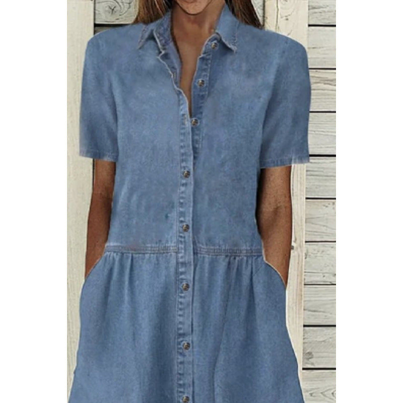 Dame Button-Up Denim Midi Kjole med Lommer Stilla