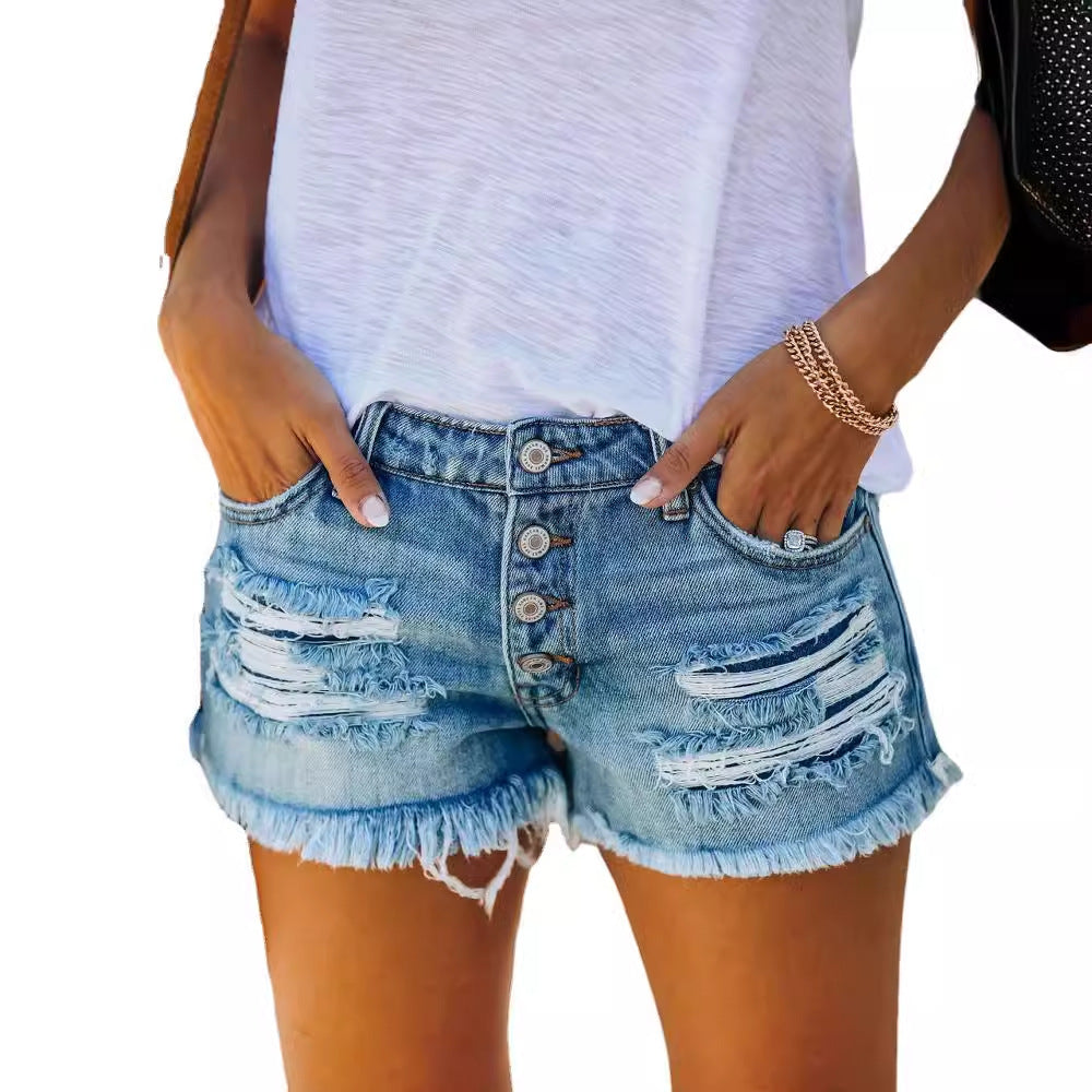 Kvindernes denimshorts med frayed kant og afslappet ødelagt look Stilla
