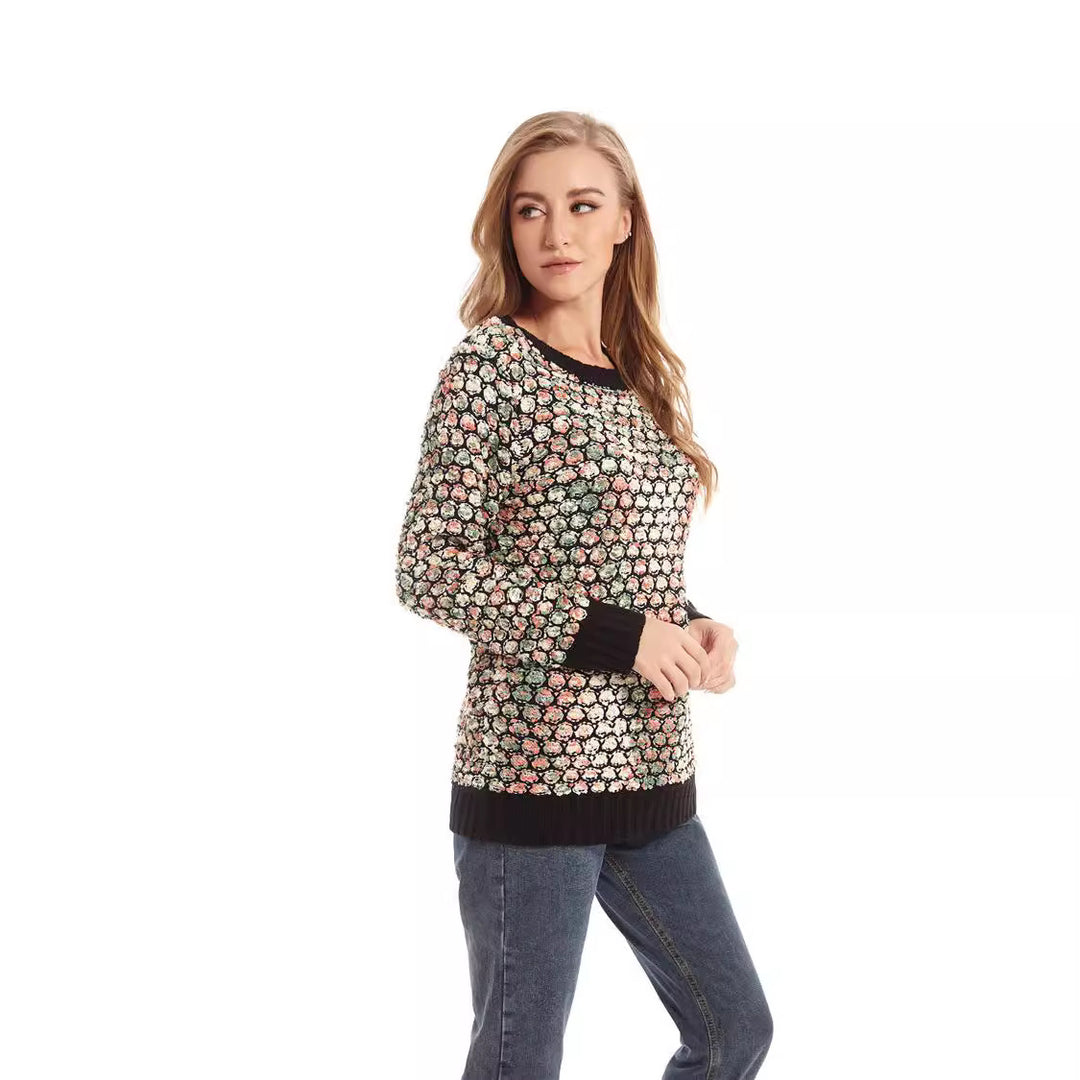 Dame strikpullover med florale 3D-mønster Stilla