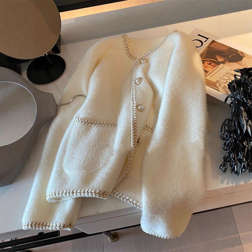 Dame Elegant Cardigan med Perle Dekorationer Stilla