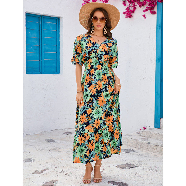 Dame Floral Print Maxi Kjole med korte ærmer Stilla