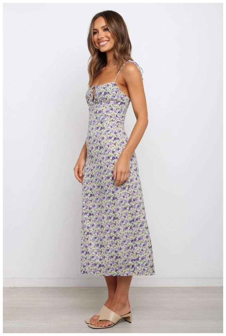 Dame Floral Print Maxi Kjole med justerbar bånd-detajle Stilla