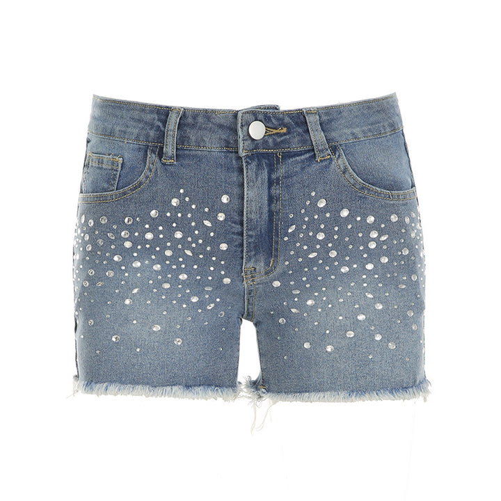 Dame Designer-shorts med funkende strass-stene og frynset kant Skovae