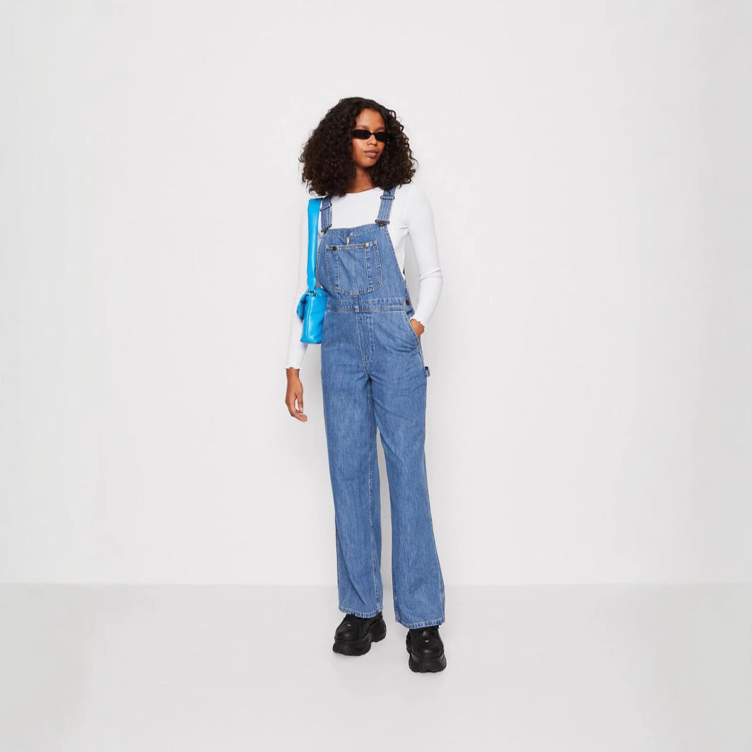 Dame denim overalls med bred ben og justerbare stropper Skovae