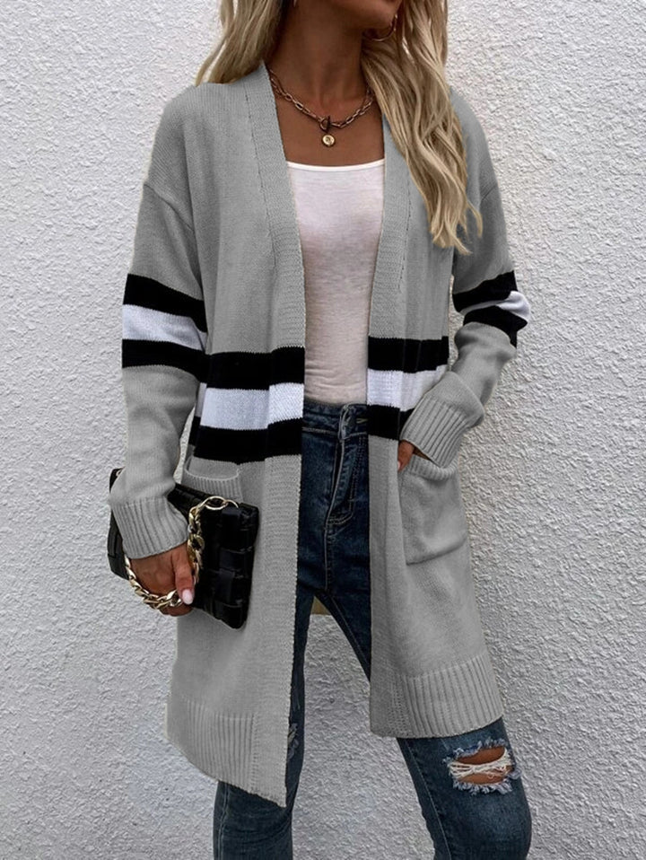 Kvinders chunky strikket cardigan med afslappede striber og dybe lommer Stilla