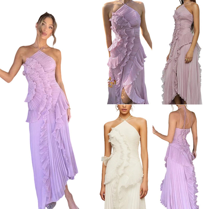 Dame Elegant Wrap Kjole med Flydende Plisseret Nederdel og Asymmetriske Rynkedetaljer