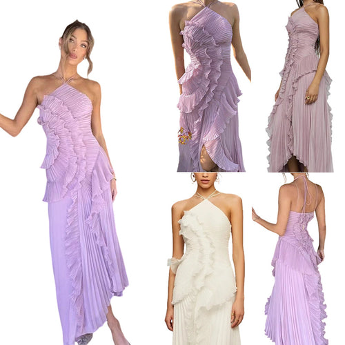 Dame Elegant Wrap Kjole med Flydende Plisseret Nederdel og Asymmetriske Rynkedetaljer