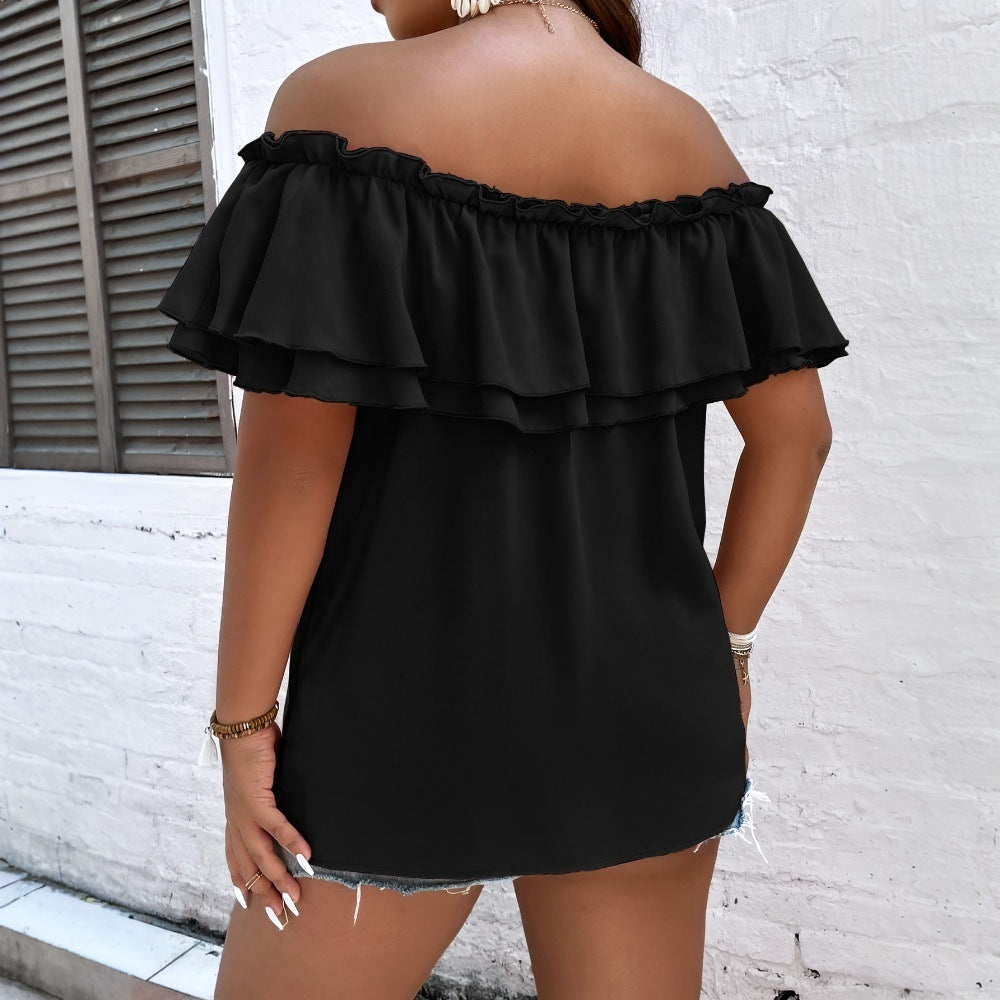 Dame skulderfri bluse T-shirt med flæse detaljer og bindebånd Stilla