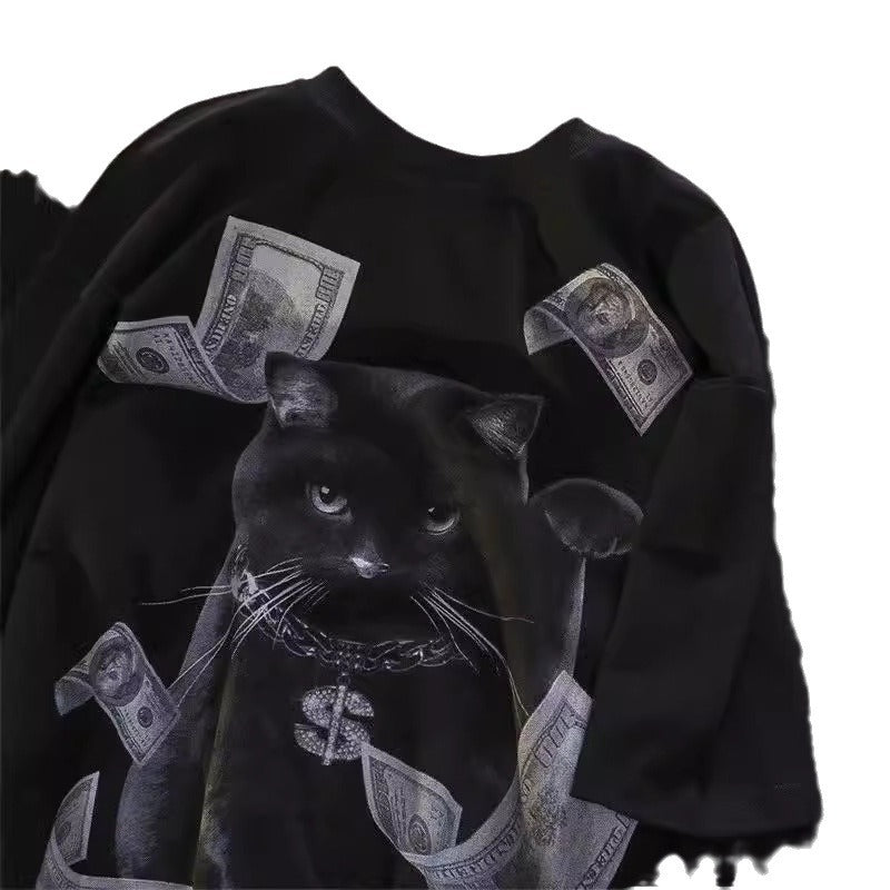 Dame T-shirt med kreativt kattemotiv og eksklusivt penge-design Stilla