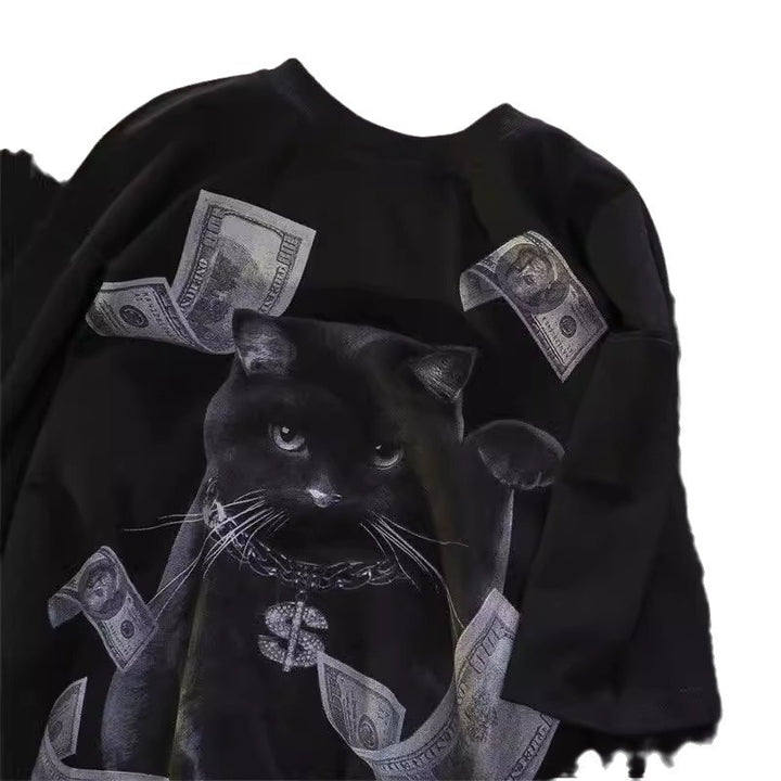 Dame T-shirt med kreativt kattemotiv og eksklusivt penge-design Stilla