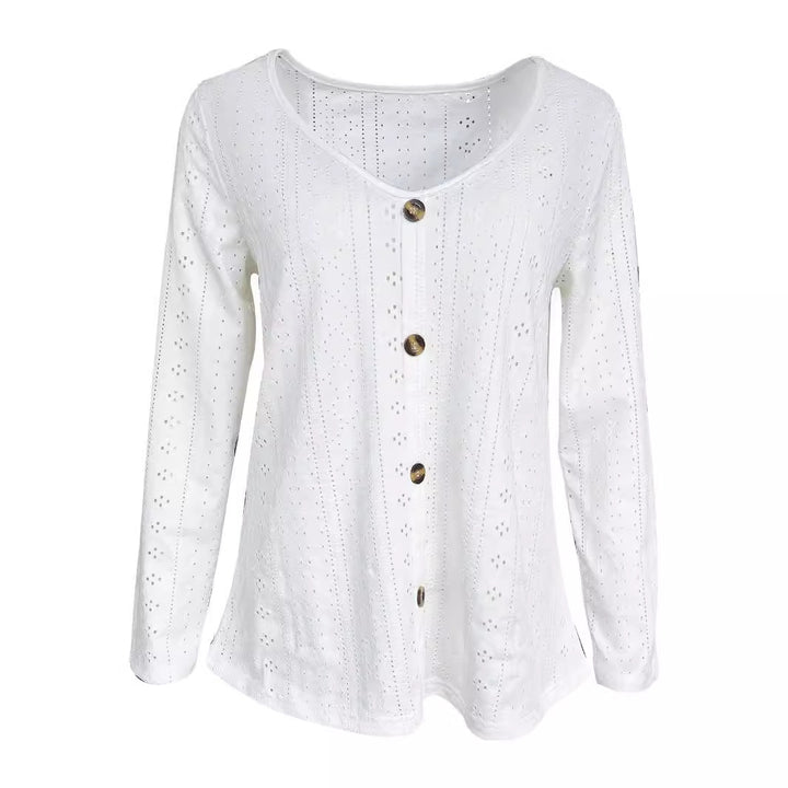 Dame Elegant bluseoverdel med gennemboret struktur og dekorative knapper Stilla