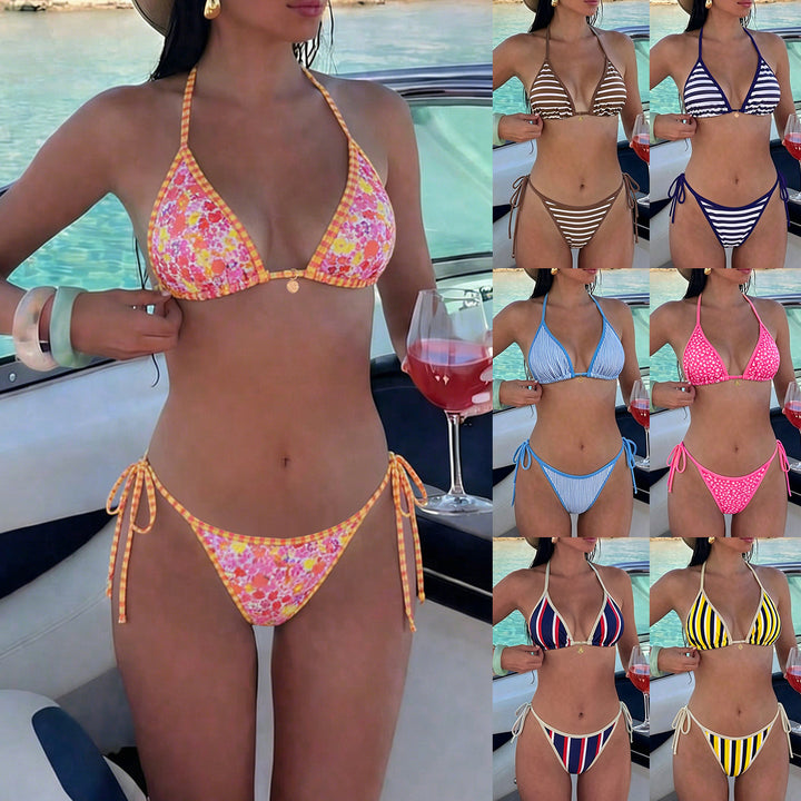 Dame triangel-bikini med blomsterdesign og justerbare stropper Skovae