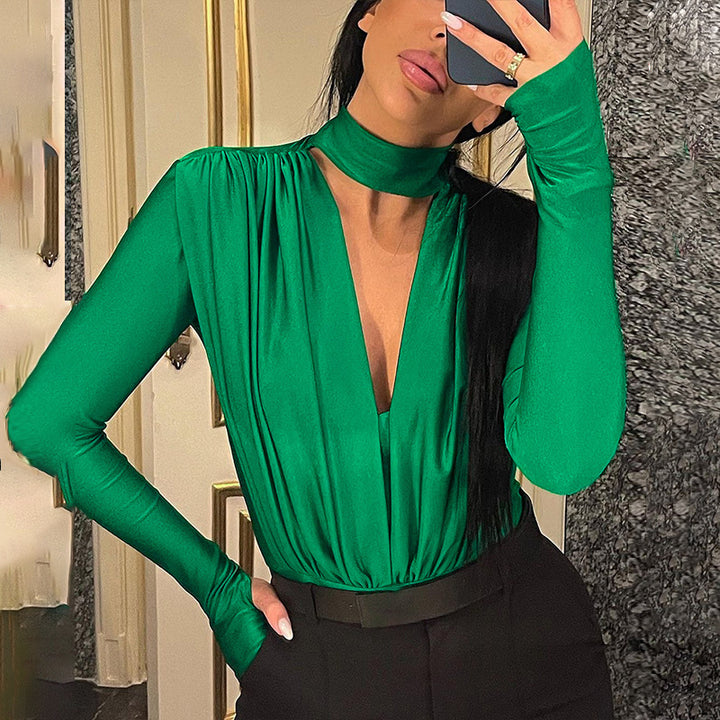 Dame Elegant Bodysuit med dyb V-udskæring og lange ærmer Stilla